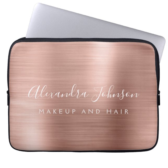 Rose Gold - Blush Pink Metallic Monogram Business Laptop Sleeve (Front)