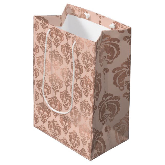 Rose Gold Blush Pink Modern Glam Damask Medium Gift Bag (Front Angled)