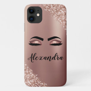 Rose Gold Blush Pink Monogram Glitter Eyelashes Case-Mate iPhone Case