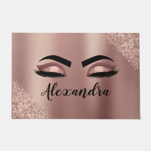 Rose Gold Blush Pink Monogram Glitter Eyelashes Doormat