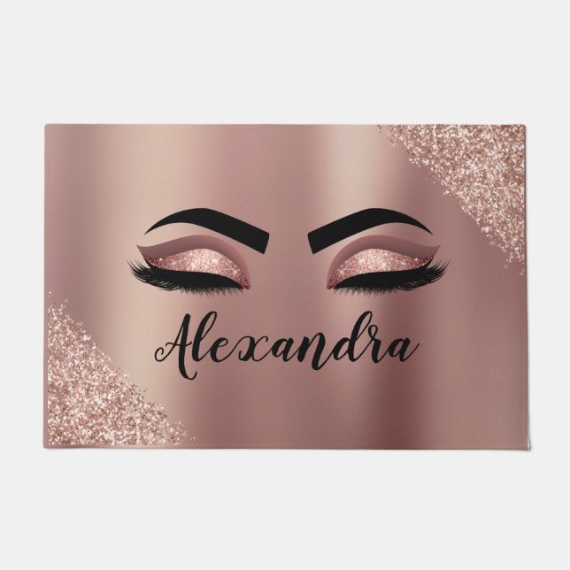 Rose Gold Blush Pink Monogram Glitter Eyelashes Doormat (Front)