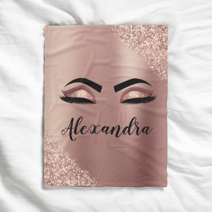 Rose Gold Blush Pink Monogram Glitter Eyelashes Fleece Blanket