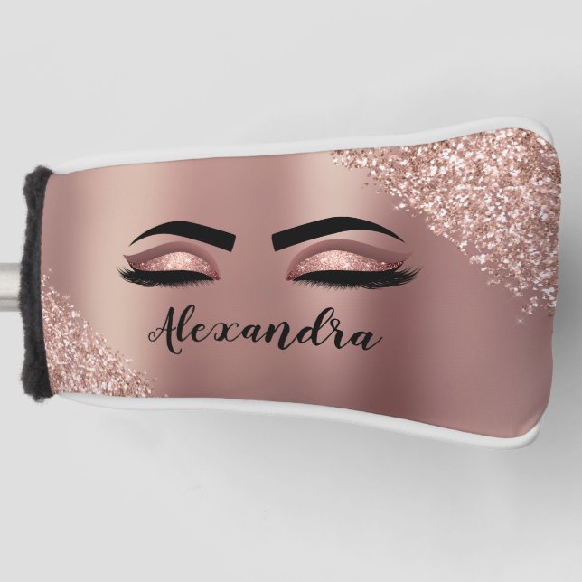 Rose Gold Blush Pink Monogram Glitter Eyelashes Golf Head Cover (Front)