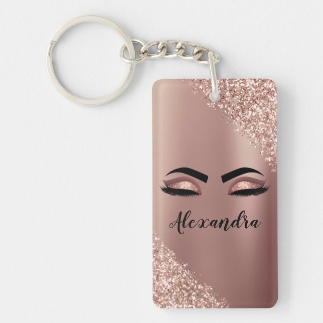 Rose Gold Blush Pink Monogram Glitter Eyelashes Key Ring (Front)