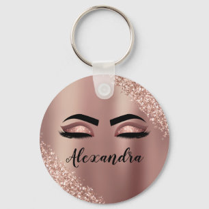 Rose Gold Blush Pink Monogram Glitter Eyelashes Key Ring