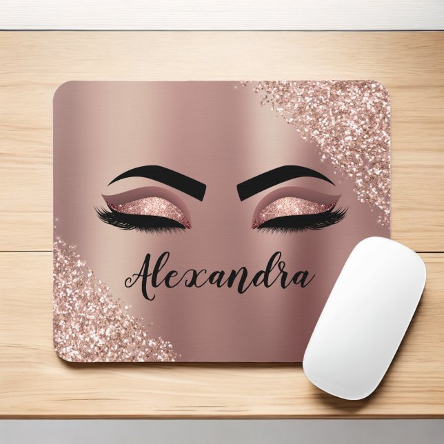 Rose Gold Blush Pink Monogram Glitter Eyelashes Mouse Pad (Creator Uploaded)