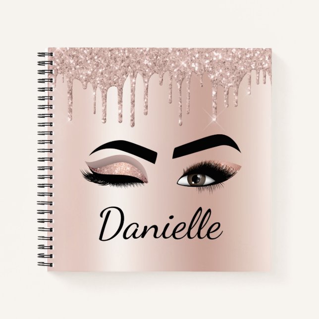 Rose Gold Blush Pink Monogram Glitter Eyelashes Notebook (Front)