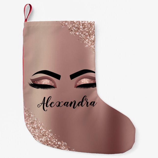 Rose Gold Blush Pink Monogram Glitter Eyelashes Small Christmas Stocking (Front)