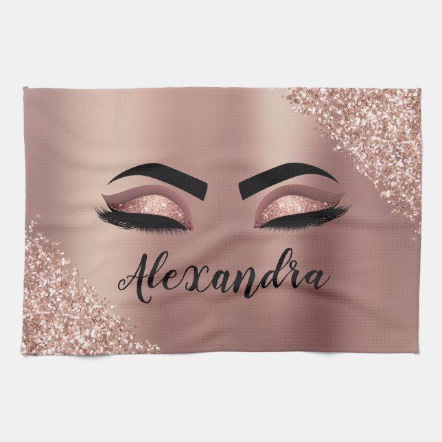 Rose Gold Blush Pink Monogram Glitter Eyelashes Tea Towel (Horizontal)