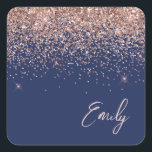 Rose Gold Blush Pink Navy Blue Glitter Name Square Sticker<br><div class="desc">Rose Gold - Blush Pink and Navy Blue Sparkle Glitter Brushed Metal Monogram Name Paper Party Sticker Address Labels. This makes the perfect sweet 16 birthday,  wedding,  bridal shower,  anniversary,  baby shower or bachelorette party gift for someone that loves glam luxury and chic styles.</div>