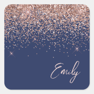 Rose Gold Blush Pink Navy Blue Glitter Name Square Sticker