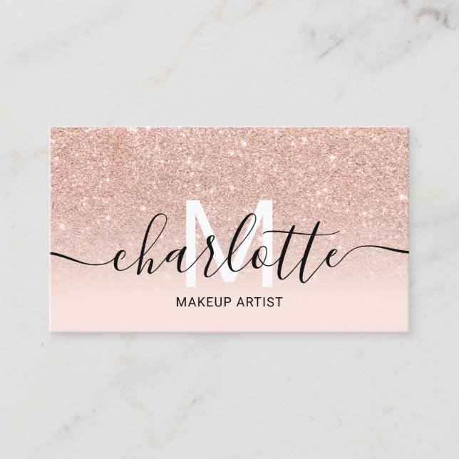 Rose gold blush pink ombre marble name makeup logo business card (Front)