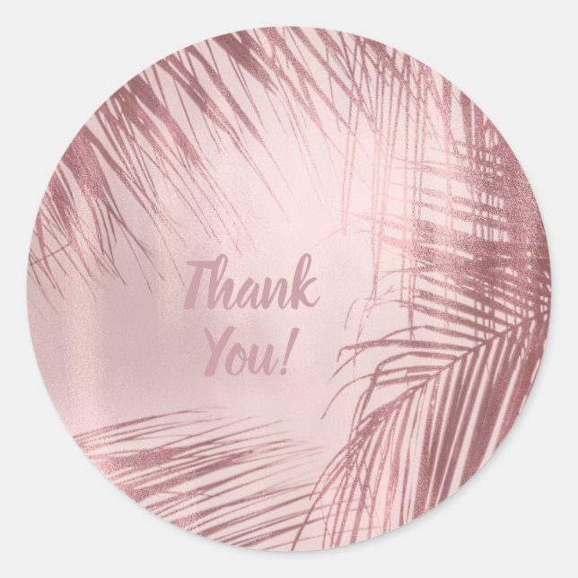 Rose Gold Blush Pink Palm Trees Tropical Wedding Classic Round Sticker (Front)