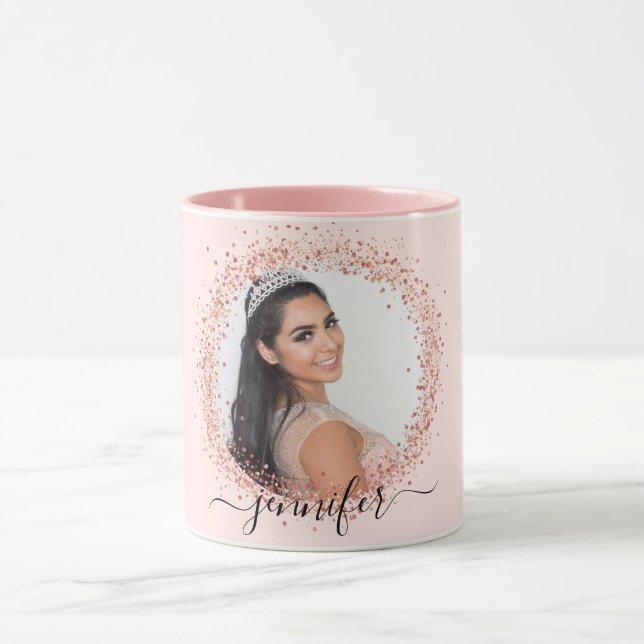 Rose gold blush pink photo sparkle name script mug (Center)