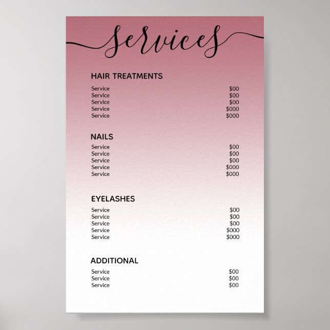 Rose Gold Blush Pink Salon Price List Service Menu Poster (Front)