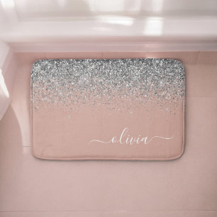 Rose Gold Blush Pink Silver Glitter Monogram Bath Mat