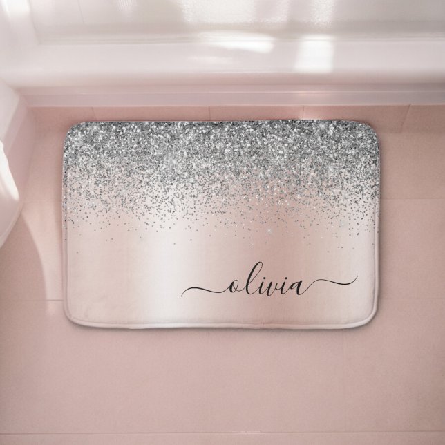 Rose Gold - Blush Pink Silver Glitter Monogram Bath Mat (Creator Uploaded)