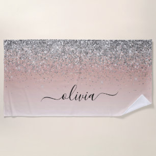 Rose Gold - Blush Pink Silver Glitter Monogram Beach Towel