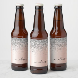 Rose Gold - Blush Pink Silver Glitter Monogram Beer Bottle Label