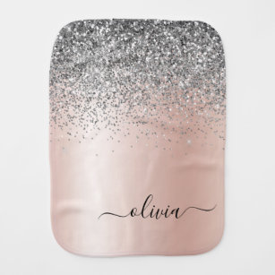 Rose Gold - Blush Pink Silver Glitter Monogram Burp Cloth