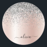 Rose Gold - Blush Pink Silver Glitter Monogram Classic Round Sticker<br><div class="desc">Rose Gold - Blush Pink and Silver Faux Foil Metallic Sparkle Glitter Brushed Metal Monogram Name and Initial Paper Party Sticker Address Labels. This makes the perfect sweet 16 birthday,  wedding,  bridal shower,  anniversary,  baby shower or bachelorette party gift for someone that loves glam luxury and chic styles.</div>
