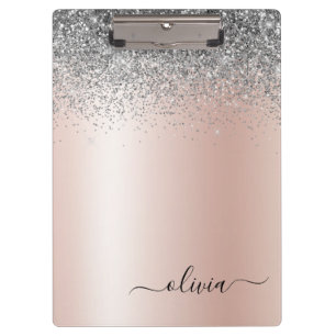 Rose Gold - Blush Pink Silver Glitter Monogram Clipboard