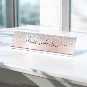 Rose Gold - Blush Pink Silver Glitter Monogram Desk Name Plate