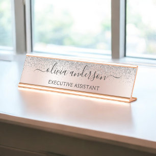 Rose Gold - Blush Pink Silver Glitter Monogram Desk Name Plate