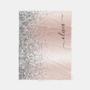 Rose Gold - Blush Pink Silver Glitter Monogram Fleece Blanket