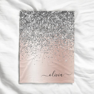 Rose Gold - Blush Pink Silver Glitter Monogram Fleece Blanket