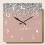 Rose Gold Blush Pink Silver Glitter Monogram Girly<br><div class="desc">Rose Gold - Blush Pink and Silver Sparkle Glitter Script Monogram Name Clock. This makes the perfect sweet 16 birthday,  wedding,  bridal shower,  anniversary,  baby shower or bachelorette party gift for someone that loves glam luxury and chic styles.</div>