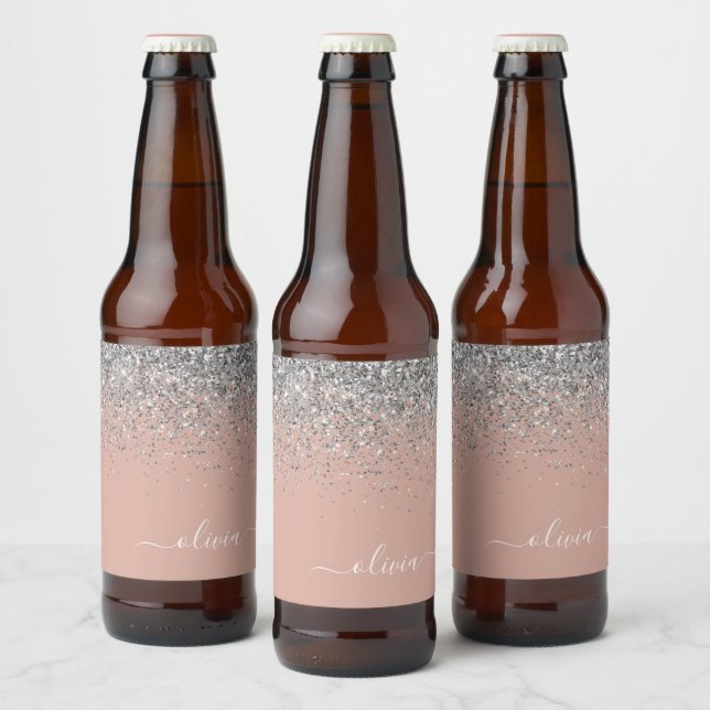 Rose Gold Blush Pink Silver Glitter Monogram Girly Beer Bottle Label (Bottles)