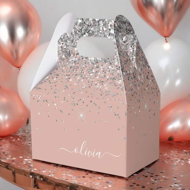 Rose Gold Blush Pink Silver Glitter Monogram Girly Favour Box (Creator Uploaded)