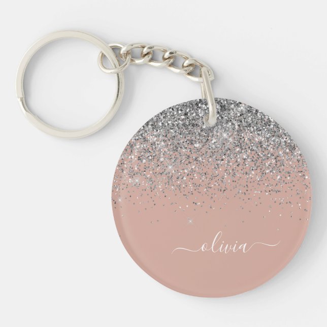 Rose Gold Blush Pink Silver Glitter Monogram Girly Key Ring (Front)