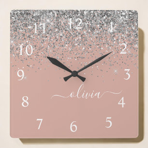 Rose Gold Blush Pink Silver Glitter Monogram Girly Square Wall Clock