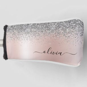 Rose Gold - Blush Pink Silver Glitter Monogram Golf Head Cover