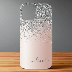 Rose Gold - Blush Pink Silver Glitter Monogram iPhone 12 Case