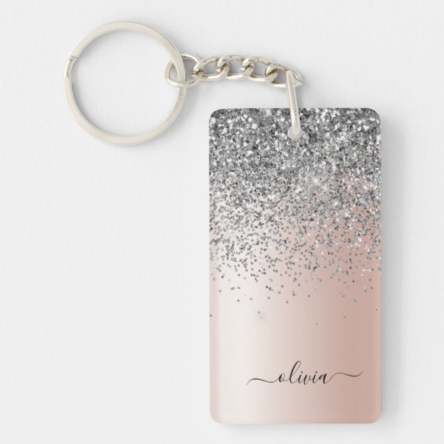 Rose Gold - Blush Pink Silver Glitter Monogram Key Ring (Front)