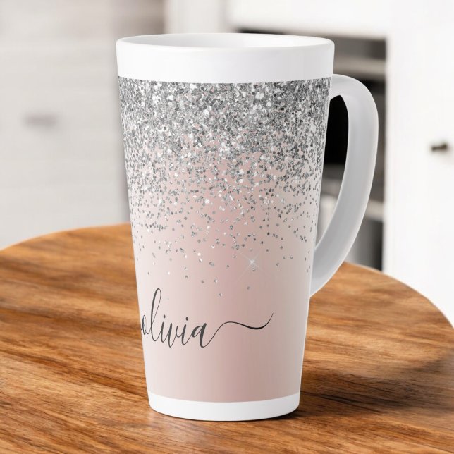 Rose Gold - Blush Pink Silver Glitter Monogram Latte Mug (Creator Uploaded)