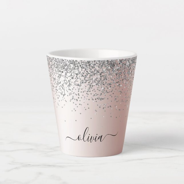 Rose Gold - Blush Pink Silver Glitter Monogram Latte Mug (Front)