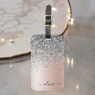 Rose Gold - Blush Pink Silver Glitter Monogram Luggage Tag