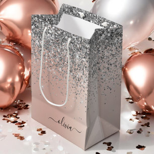 Rose Gold - Blush Pink Silver Glitter Monogram Medium Gift Bag