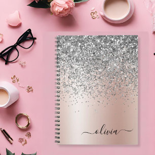 Rose Gold - Blush Pink Silver Glitter Monogram Notebook
