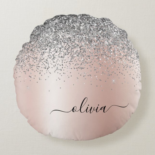 Rose Gold - Blush Pink Silver Glitter Monogram Round Cushion (Front)