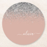 Rose Gold Blush Pink Silver Glitter Monogram Round Paper Coaster<br><div class="desc">Rose Gold - Blush Pink and Silver Sparkle Glitter Script Monogram Name Paper Coasters. This makes the perfect graduation,  birthday,  wedding,  bridal shower,  anniversary,  baby shower or bachelorette party gift for someone that loves glam luxury and chic styles.</div>