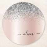 Rose Gold - Blush Pink Silver Glitter Monogram Round Paper Coaster<br><div class="desc">Rose Gold - Blush Pink and Silver Faux Foil Metallic Sparkle Glitter Brushed Metal Monogram Name Paper Coasters. This makes the perfect graduation,  birthday,  wedding,  bridal shower,  anniversary,  baby shower or bachelorette party gift for someone that loves glam luxury and chic styles.</div>