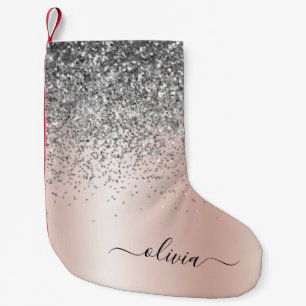 Rose Gold - Blush Pink Silver Glitter Monogram Small Christmas Stocking