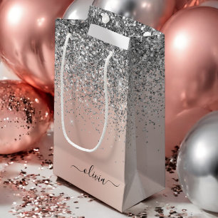 Rose Gold - Blush Pink Silver Glitter Monogram Small Gift Bag