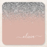 Rose Gold Blush Pink Silver Glitter Monogram Square Paper Coaster<br><div class="desc">Rose Gold - Blush Pink and Silver Sparkle Glitter Script Monogram Name Paper Coasters. This makes the perfect graduation,  birthday,  wedding,  bridal shower,  anniversary,  baby shower or bachelorette party gift for someone that loves glam luxury and chic styles.</div>