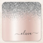 Rose Gold - Blush Pink Silver Glitter Monogram Square Paper Coaster<br><div class="desc">Rose Gold - Blush Pink and Silver Faux Foil Metallic Sparkle Glitter Brushed Metal Monogram Name Paper Coasters. This makes the perfect graduation,  birthday,  wedding,  bridal shower,  anniversary,  baby shower or bachelorette party gift for someone that loves glam luxury and chic styles.</div>